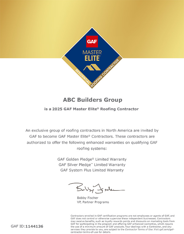 GAF Master Elite Certified Contractor Certificate Document