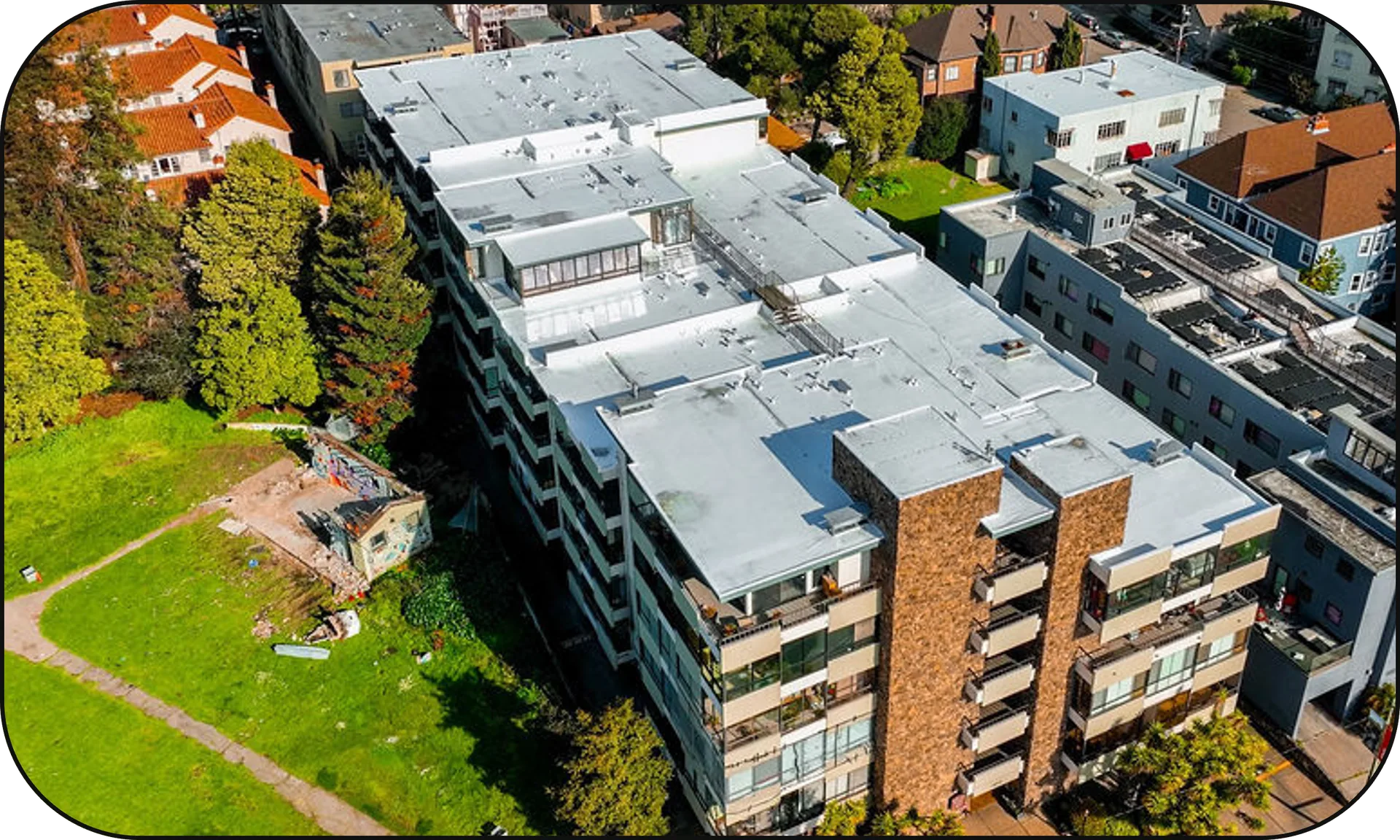 Aerial view of Oakland TPO Commercial Roofing project